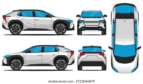 Moderno juego de Ilustración vectorial de coche de concepto SUV EV compacto, desde diferentes perspectivas, incluyendo vistas laterales, delanteras, traseras y superiores	