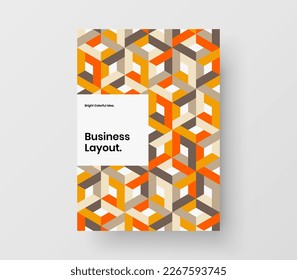 Modern company brochure A4 vector design illustration. Colorful mosaic hexagons handbill layout.