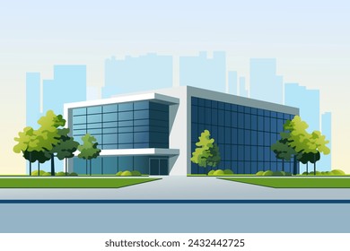 Modern company building with a green lawn, trees, a road and a parking lot against the backdrop of city silhouettes. Glass commercial building, offices, shopping center for design.