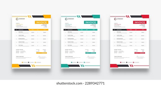 modern company business invoice template. color variation creative invoice Template Paper Sheet Include Accounting, Price, Tax, and Quantity. With color variation Vector illustration of Finance