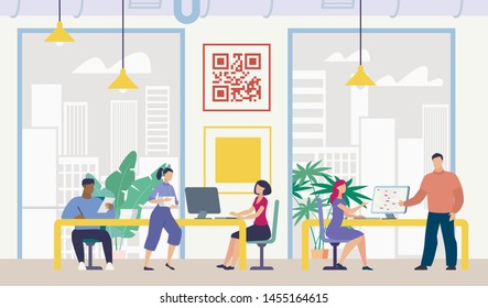 Modern Company Employees, Business, IT Startup Developers Team Members, Office Workers Siting at Workplaces, Working on Computers, Carrying Documents Stack in Coworking Office Flat Vector Illustration