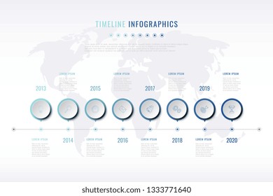 modern company history visualisation with thin line marketing icons, year indication and world map on background. business data infographic. vector corporate presentation slide template. eps 10