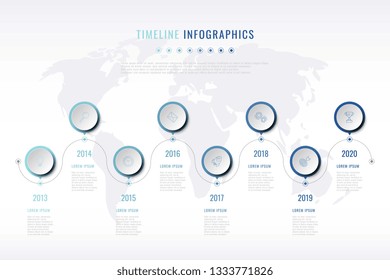 modern company history visualisation with thin line marketing icons, year indication and world map on background. business data infographic. vector corporate presentation slide template. eps 10