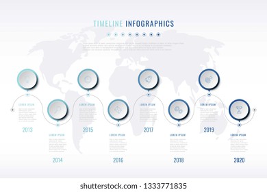 modern company history visualisation with thin line marketing icons, year indication and world map on background. business data infographic. vector corporate presentation slide template. eps 10