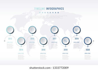 modern company history visualisation with thin line marketing icons, year indication and world map on background. business data infographic. vector corporate presentation slide template. eps 10