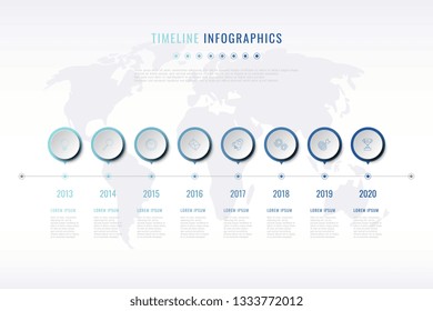 modern company history visualisation with thin line marketing icons, year indication and world map on background. business data infographic. vector corporate presentation slide template. eps 10