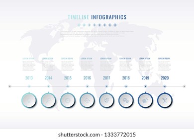 Modern Company History Visualisation With Thin Line Marketing Icons, Year Indication And World Map On Background. Business Data Infographic. Vector Corporate Presentation Slide Template. Eps 10