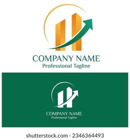 Modern company logo and business  design with building and shield around. Growing, elegance, modern Vector. With letter H silhouette. Orange gradient color. 