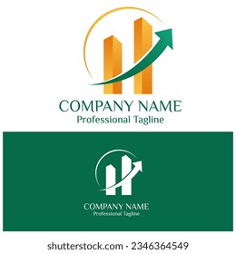 Modern company logo and business  design with building sign in the same direction. Growing, elegance, modern Vector. With letter H silhouette. Orange gradient color. 