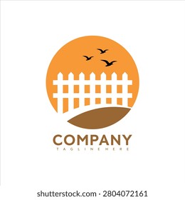Modern company logo design featuring a white picket fence and flying birds in front of an orange sunset background with brown accents and space for a company tagline.