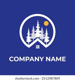 Modern Company Logo with Pine Trees and Sun Design.
Stylized logo featuring pine trees and a sun within a circular frame, set on a blue background. Ideal for businesses related to nature, real estate.