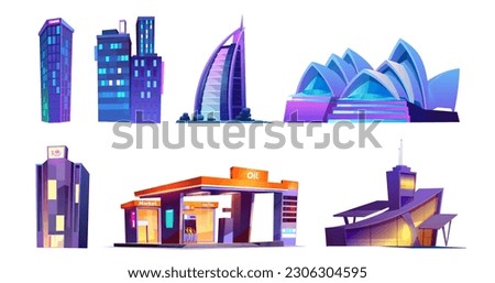 Modern company office building vector illustration. Corporate tower cartoon cityscape high skyscraper and oil station exterior isolated set. Center district house estate graphic symbol for website