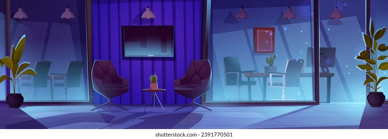 Modern company office at night. Vector cartoon illustration of dark meeting room, reception hall with armchairs and flower on table, tv screen, chairs and desk behind glass wall, business workspace