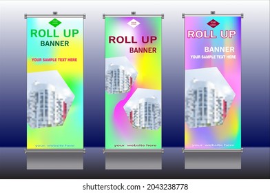 Modern company roll up standee 3 banners in gradient soft color vector design.