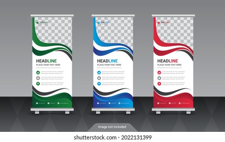 Modern company roll up standee banner in blue red and orange color