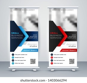 modern company rollup standee banner in blue and red color (QR code is fake)