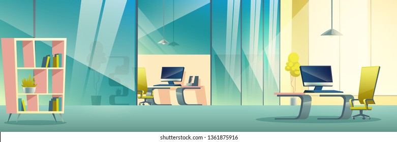 Modern company spacious office interior cartoon vector. Boss, business team leader or manager workplace with glass partition or wall, computer on desk, comfortable armchair and bookshelf illustration