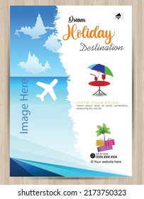 Modernos viajes de empresa diseño de volantes de viajes. Plantilla del folleto de turismo de vacaciones de verano. Juego de diseño de volantes con vistas a la playa. color de turismo a4 impresora de viaje listo, Afiche de vacaciones. Plantilla de World Adventure.