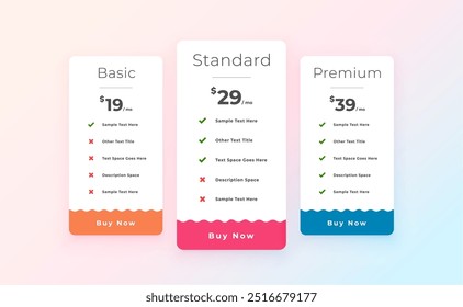 modern comparison price plan table template for presentation vector