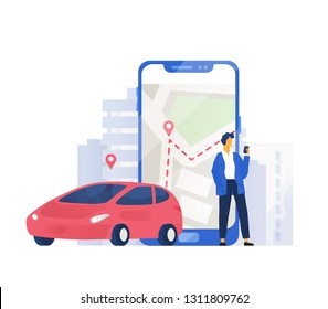 Composição moderna com automóvel e personagem masculino ao lado de um celular gigante com mapa da cidade na tela. Ilustração vetorial colorida em estilo simples para compartilhamento de carros ou serviço de aluguel de carros.