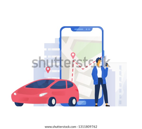 Modern composition with automobile and male\
character standing beside giant mobile phone with city map on\
screen. Colorful vector illustration in flat style for carsharing\
or car rental service.