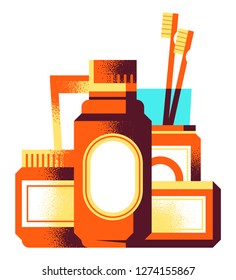 Modern composition of bath items, cosmetics jars, bottles, tubes, two toothbrushes. Flat, textured style.