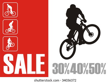 Modern composition with the bicyclist. In the centre the silhouette of the bicyclist is located. Nearby there is a red rectangle with inscription SALE.