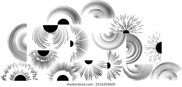 Composição moderna com elementos de semicírculo de design moderno e circular . Design vetorial abstrato contemporâneo com semicírculos de ruptura .Composição com símbolos do sol metade . Linhas de velocidade .