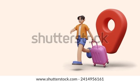 Modern composition with cartoon character running with trolley bag. Big red pin and cartoon human ready to travel. Vector illustration in 3d style with warm background
