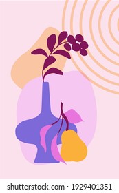 Modern composition of a ceramic vase, a branch of leaves, abstract sticks, a branch with a pear vector print for the interior.