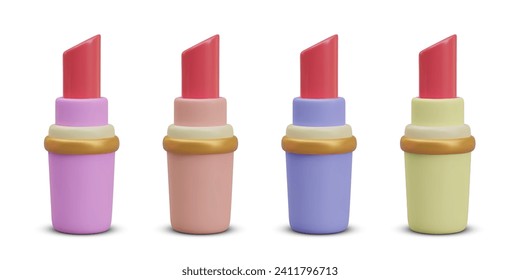 Modern composition with cosmetic products in colorful packages. Beautiful pink and coral tube, red lipstick in open blue and yellow case. Vector illustration in 3d style