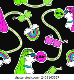 Modern composition of female personage chewing gum, sunglasses and rainbow with clouds. Bright and youthful modern look. Seamless pattern, wallpaper print or background. Vector in flat styles