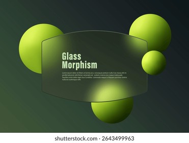Modern composition in glass morphism style with glowing green spheres and transparent panel on dark gradient background, vector illustration