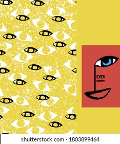 Modern composition of hand drawn abstract face features . Seamless eye vector background