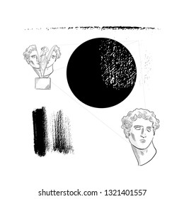 Modern composition with linear drawing of bust of David's head with geometric shapes, lines, circle, scribbles. In head of man female figure. 