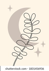 Moderne Komposition mit Mond und Pflanzen. Boho Wanddekor. Kunstdruck des Mittelalters. 