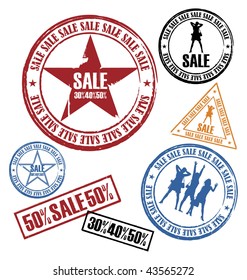 Modern composition from the seals. On them silhouettes of women and inscription SALE are represented. All press different in the size.