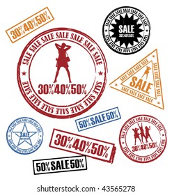 Modern composition from the seals. On them silhouettes of women and inscription SALE are represented. All press different in the size.