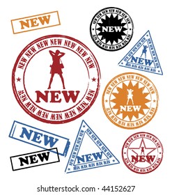 Modern composition from the seals. On them silhouettes of women and inscription NEW are represented. All press different in the size.