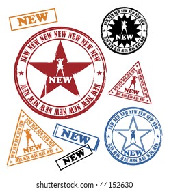 Modern composition from the seals. On them silhouettes of women and inscription NEW are represented. All press different in the size.