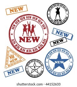 Modern composition from the seals. On them silhouettes of women and inscription NEW are represented. All press different in the size.