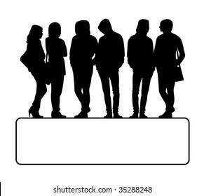 Modern composition with silhouettes of teenagers. Only six black silhouettes on a white background. Under them a black thin framework.