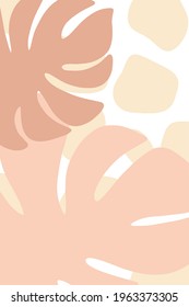 Modern compositions with monstera leaves. Abstract poster. Tropical leaves. Boho style. Terracotta colors. Mid-century art print.