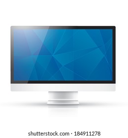 Modern computer with abstract blue vector geometric background