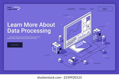 Computador moderno analisando clusters de informação digital no fundo roxo. Modelo isométrico da página inicial de processamento de dados. Tecnologia de coleção de conjuntos de dados ilustração vetorial 3d para página da web