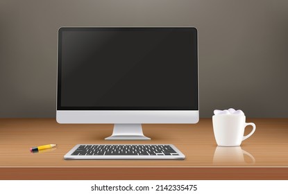 Computadora moderna con pantalla negra sobre una mesa de espejo de madera. 3.ª burla vectorial