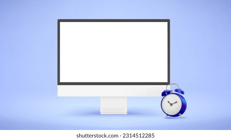 Computadora moderna con pantalla en blanco y reloj azul. Concepto de gestión del tiempo. 3.ª burla vectorial