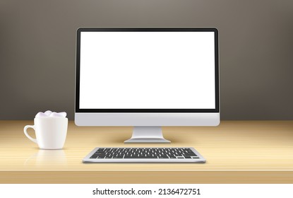 Computadora moderna con pantalla en blanco sobre una mesa de espejo de madera. Banner vectorial 3d con espacio de copia