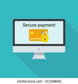 Modern computer with credit card isolated on background. Secure payment concept. Vector icon in flat style