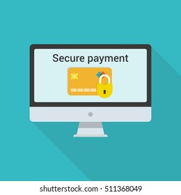 Modern computer with credit card isolated on background. Secure payment concept. Vector icon in flat style